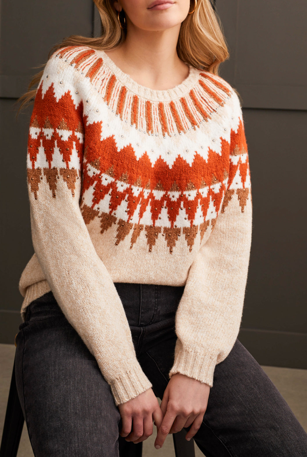 Mock Turtleneck Intarsia Sweater - Cream