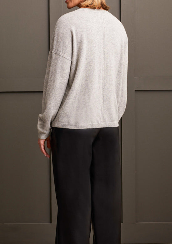 Cashmere V-Neck Pullover Sweater with Pointelle Detail - Grey Mix