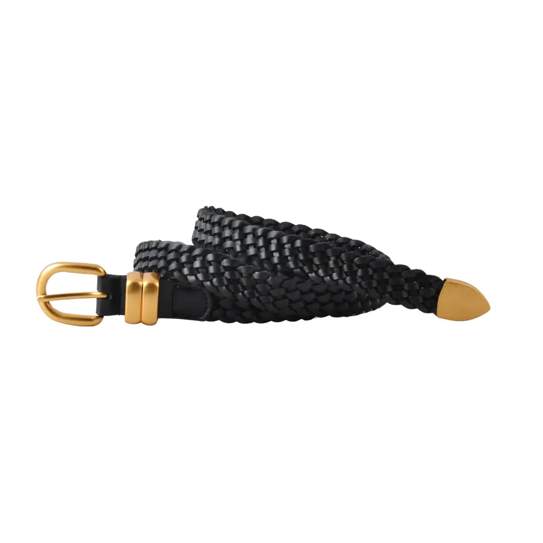 Narrow Leather Braided Belt - Black