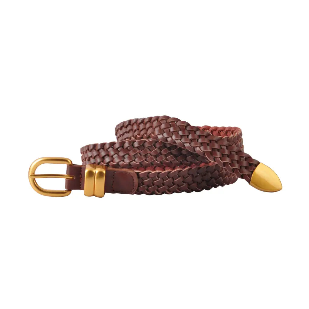 Narrow Leather Braided Belt - Brown