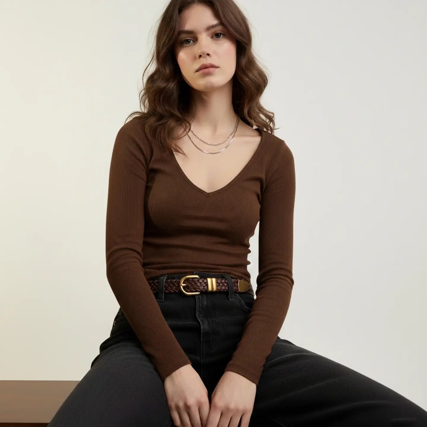 Narrow Leather Braided Belt - Brown