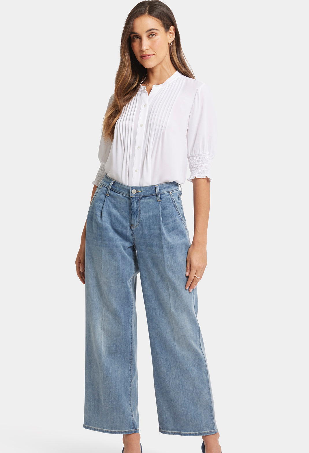 Teresa Wide Leg Ankle Jeans with Pleats - Indigo Stream