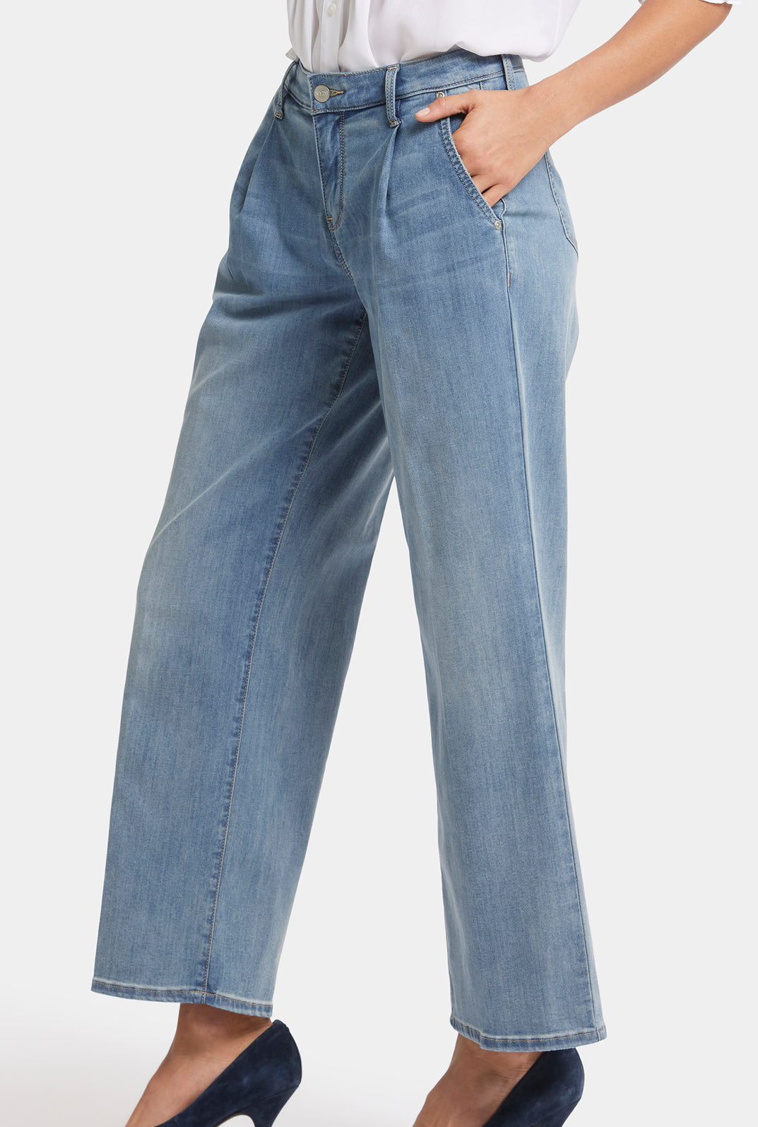 Teresa Wide Leg Ankle Jeans with Pleats - Indigo Stream