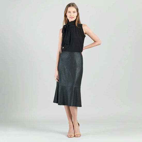 Liquid Leather Flounce Midi Skirt - Black