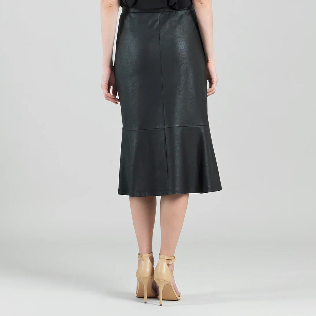 Liquid Leather Flounce Midi Skirt - Black