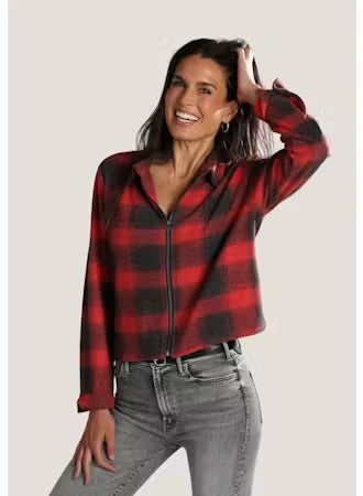Zip Front Plaid Jacket - Red