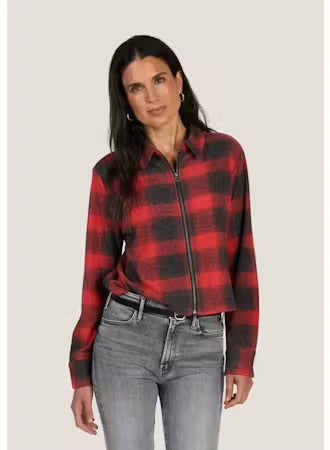 Zip Front Plaid Jacket - Red
