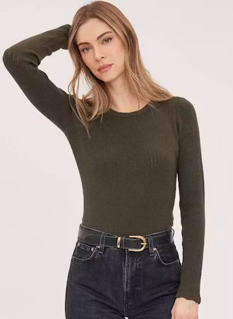 Crew Neck Sweater with Scalloped Hem - Olive
