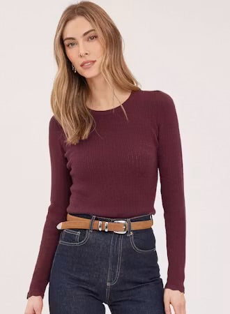 Crew Neck Sweater with Scalloped Hem - Port