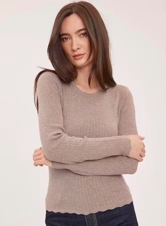 Crew Neck Sweater with Scalloped Hem - Heather Cocoa