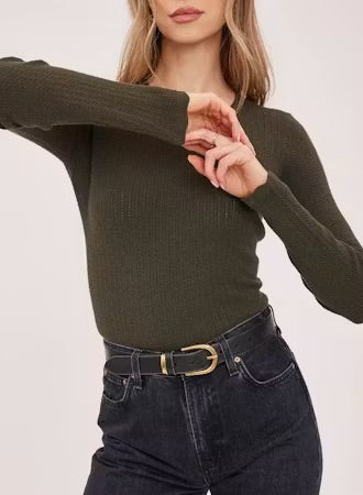 Crew Neck Sweater with Scalloped Hem - Olive