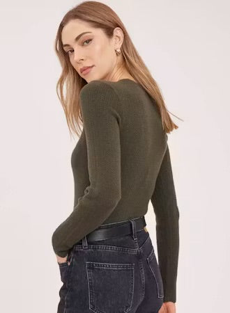 Crew Neck Sweater with Scalloped Hem - Olive