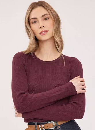 Crew Neck Sweater with Scalloped Hem - Port