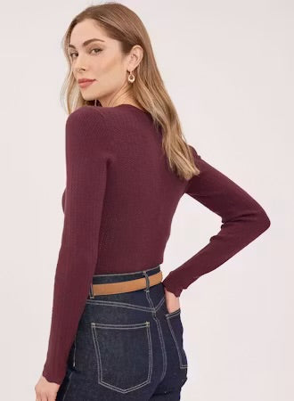 Crew Neck Sweater with Scalloped Hem - Port