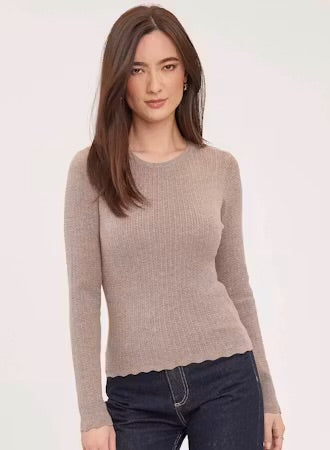 Crew Neck Sweater with Scalloped Hem - Heather Cocoa
