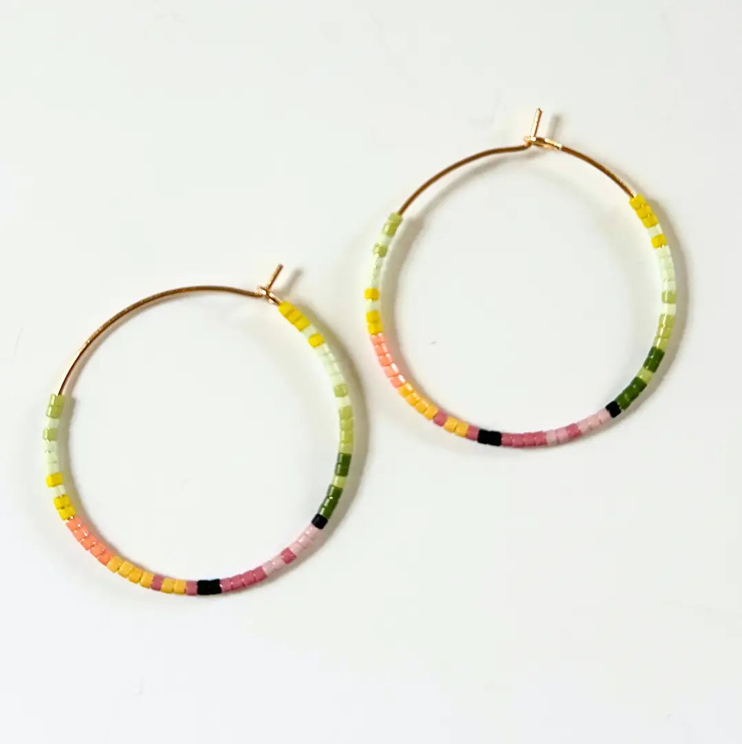 Japanese Tondo Beaded Hoop Earrings - Green/Pink