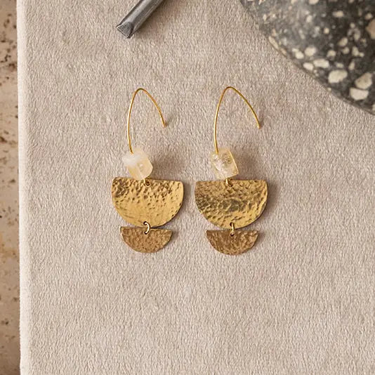 Nomad Hammered Brass Earrings - Citrine