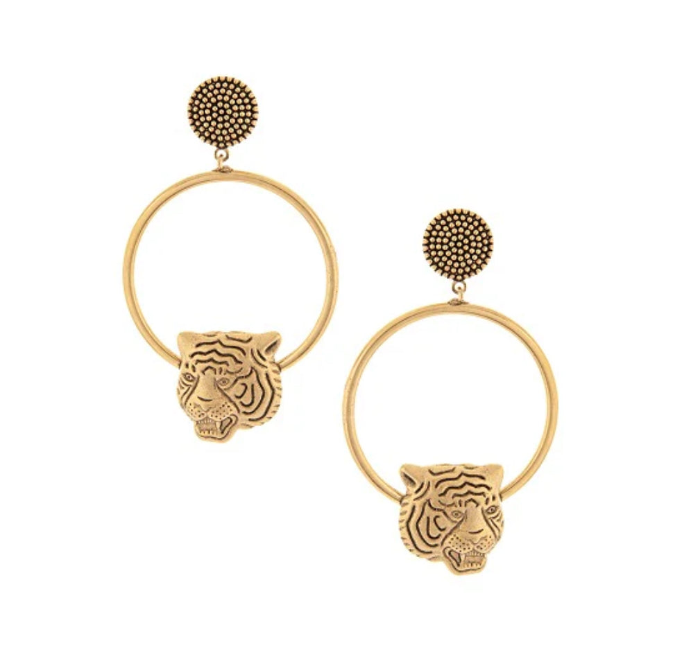 Gold Hoop Stud Earrings with Tigers