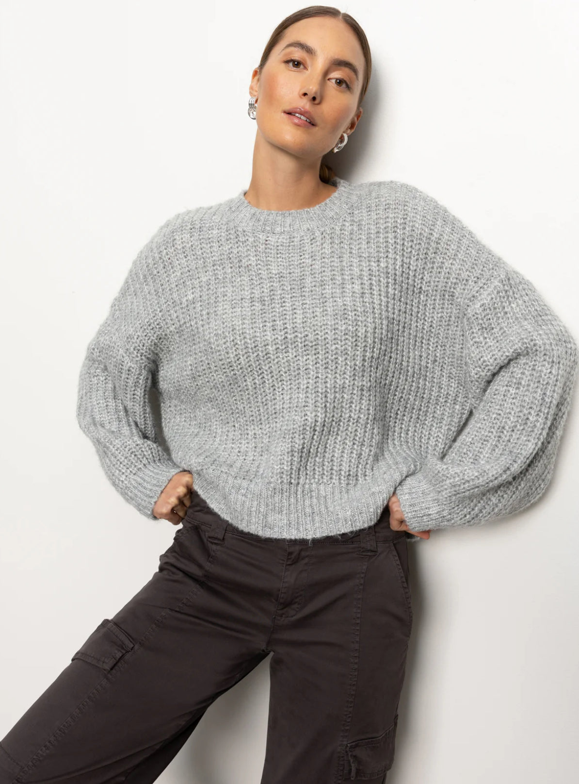 Fuzzy Volume Sleeve Pullover Sweater - Heather Grey