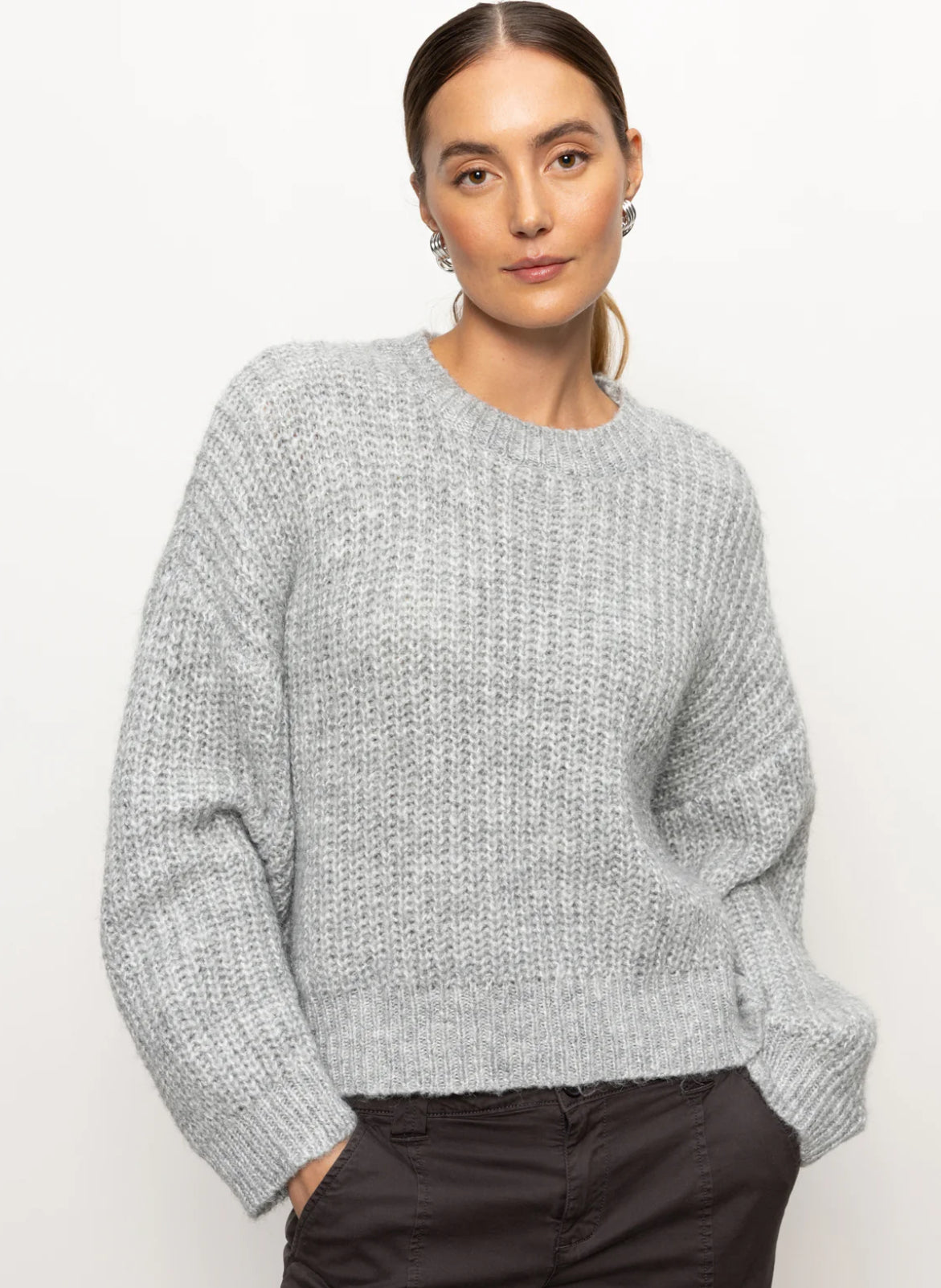 Fuzzy Volume Sleeve Pullover Sweater - Heather Grey