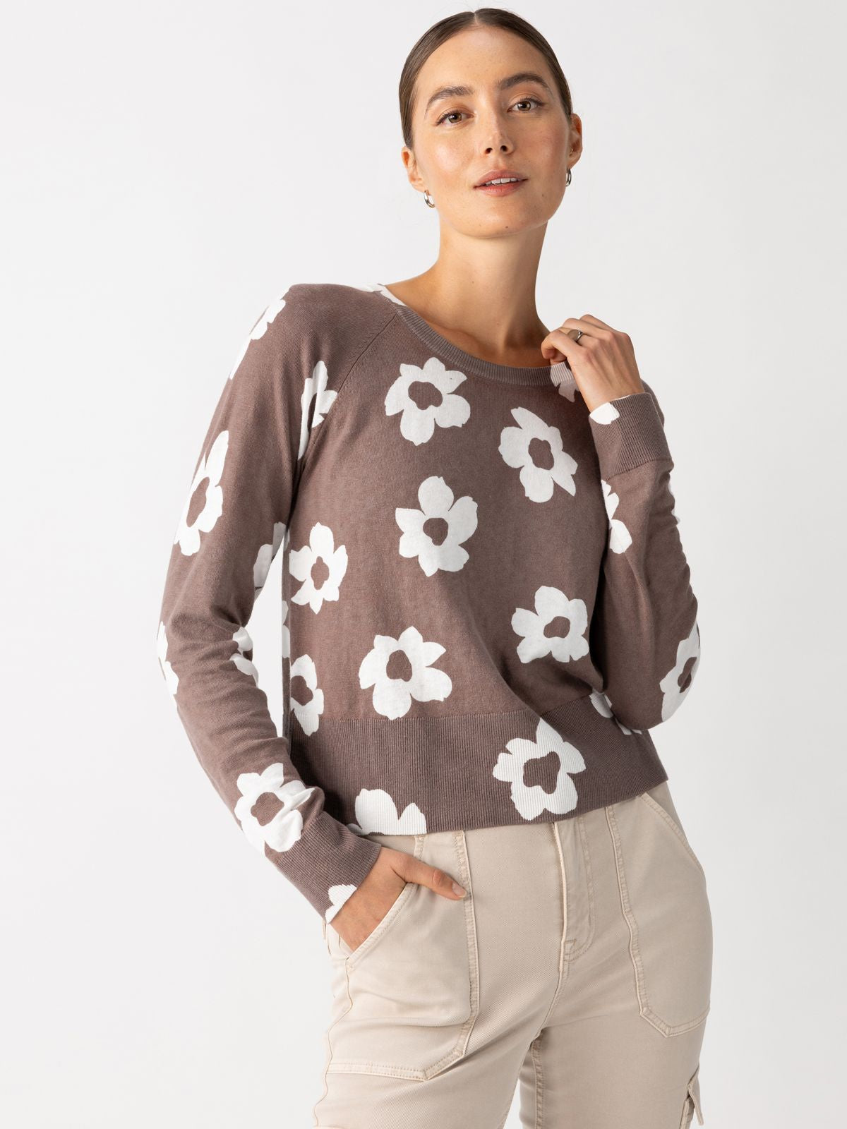 All Day Long Pullover Sweater - Cocoa Flower Pop