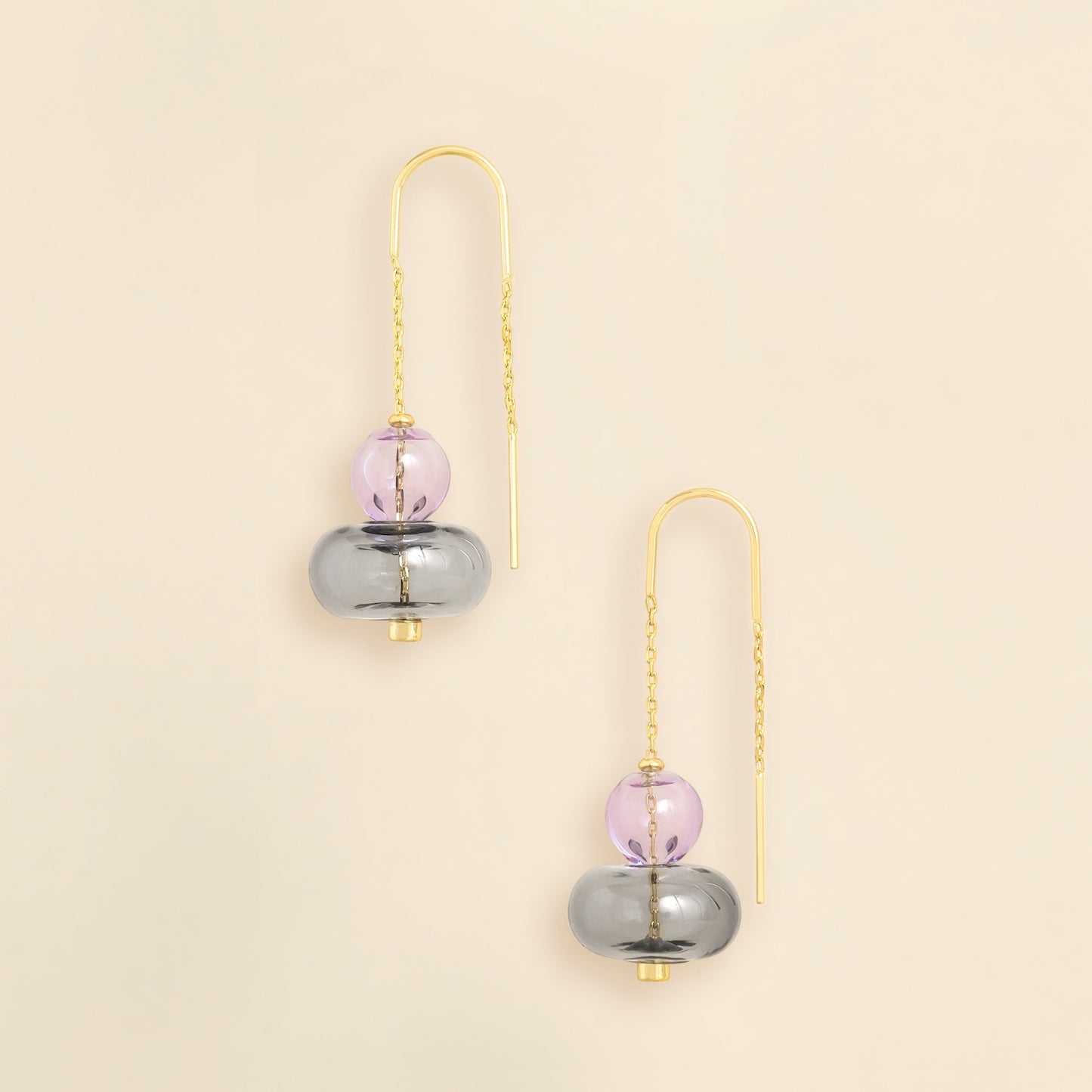 Refined Glass Stacked Threader Earrings - Lavender/Smoke/Gold