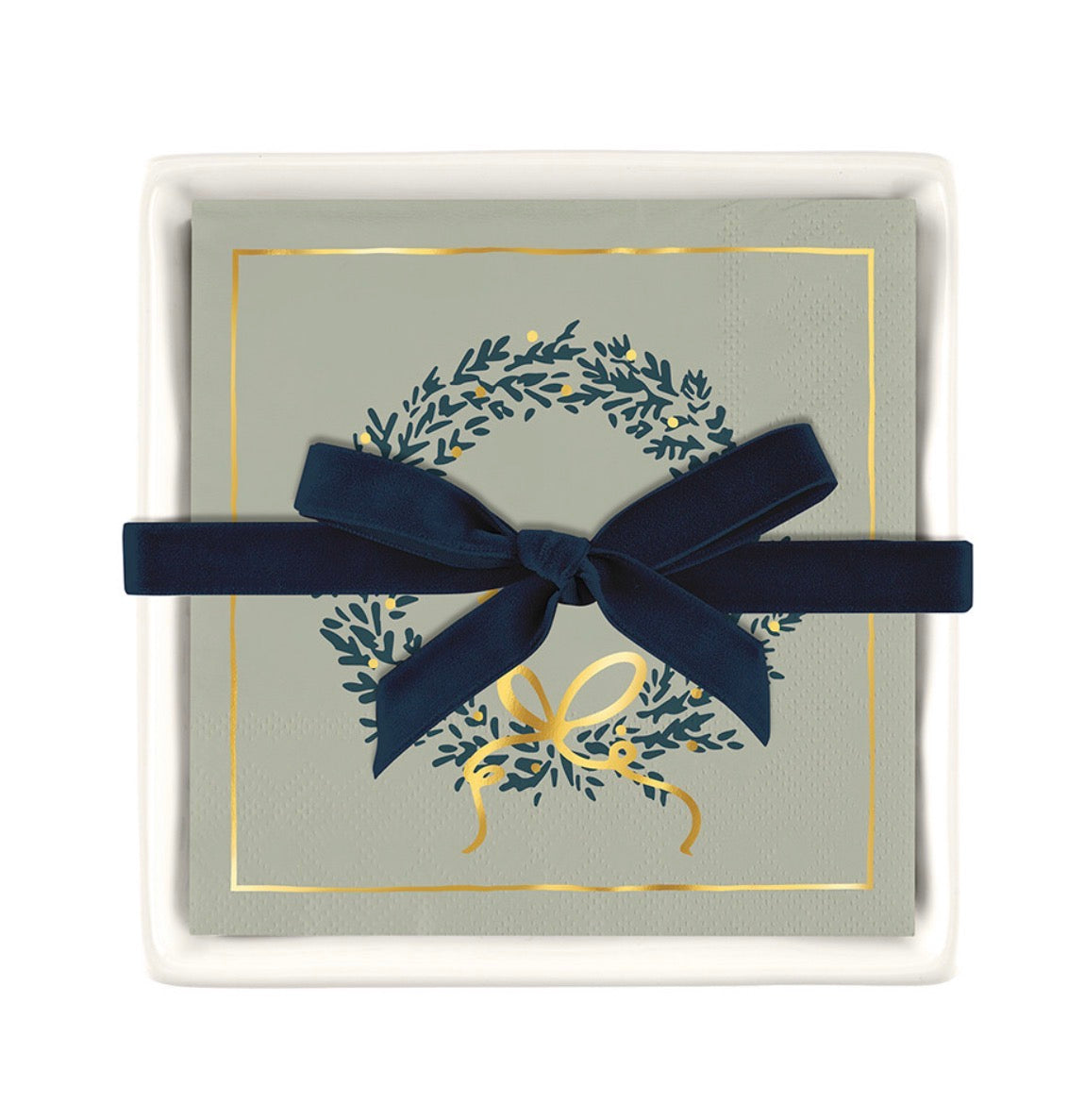 Joy Wreath Holiday Napkins in Ceramic Tray