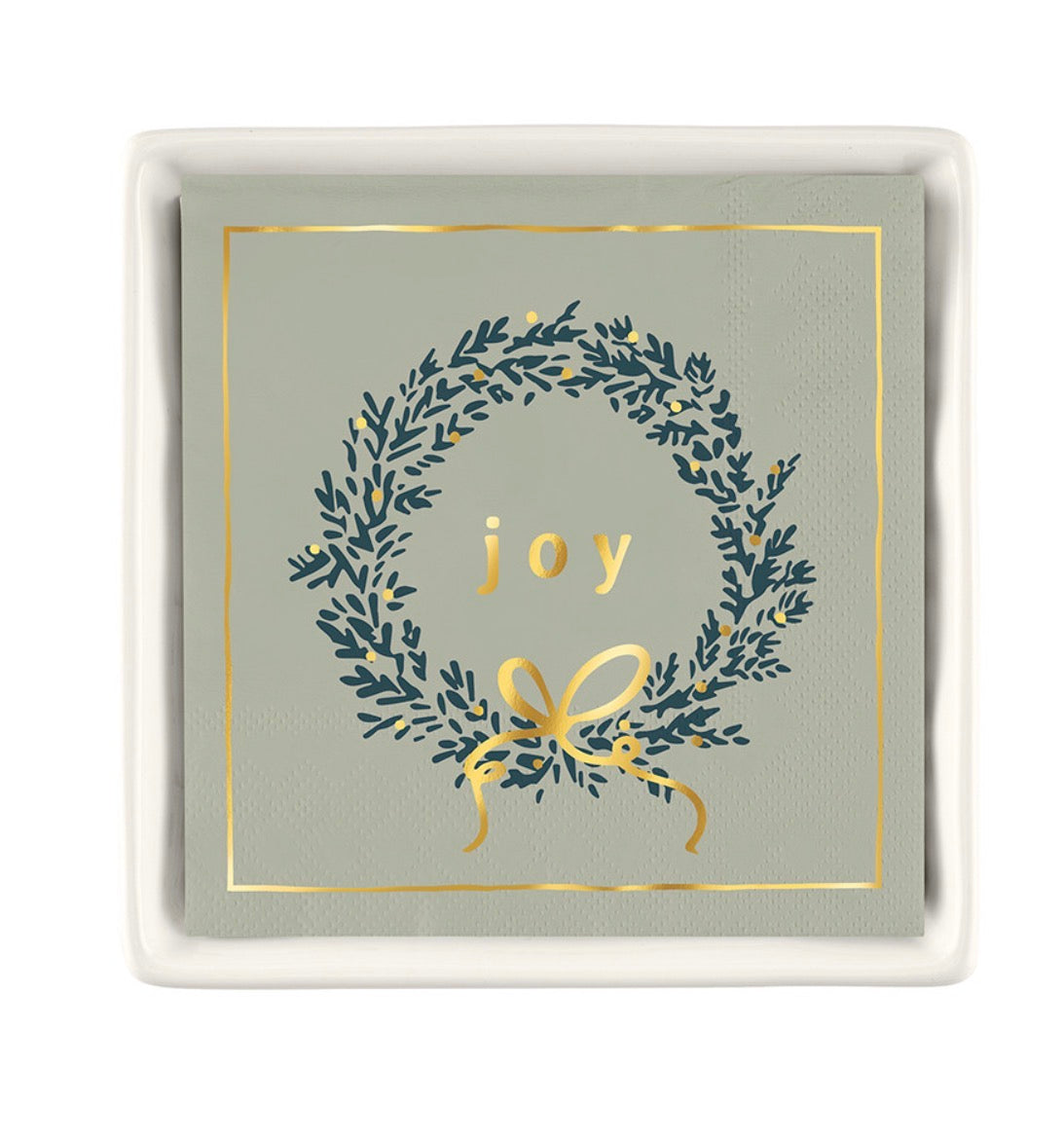 Joy Wreath Holiday Napkins in Ceramic Tray