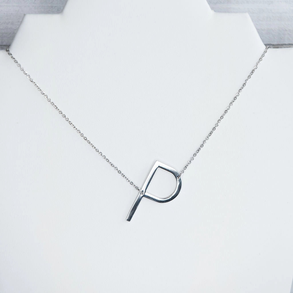 Large Initial Necklace - Silver P