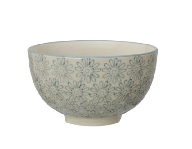 Hand-Stamped Stoneware Bowl - Light Blue Flowers