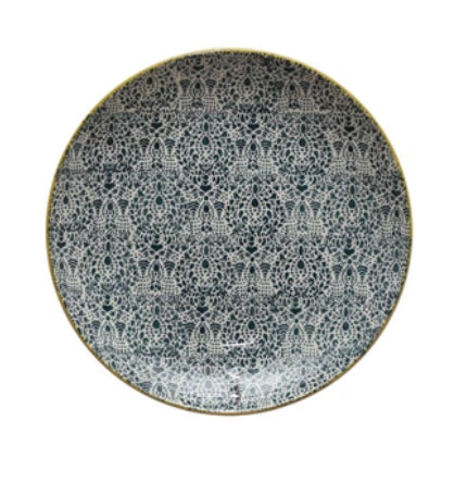 Hand-Stamped Stoneware Plate - Dark Blue Print