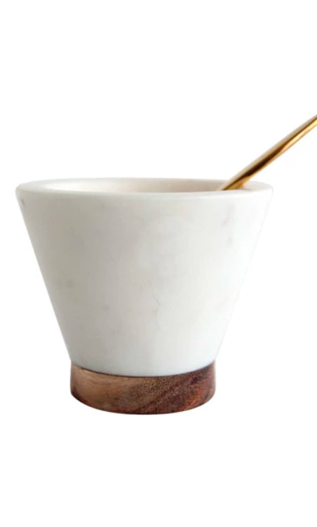 Marble & Mango Wood Pinch Pot with Brass Spoon - White