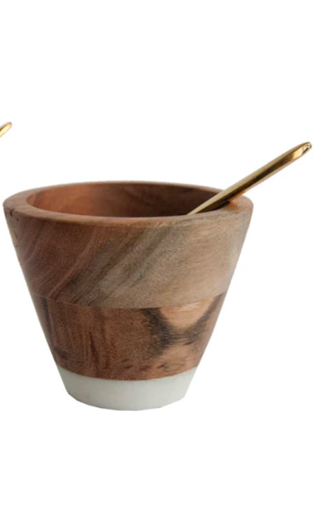 Marble & Mango Wood Pinch Pot with Brass Spoon - Natural