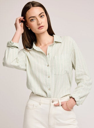 Dominique Long Sleeve Striped Button Down Top - Cactus Green