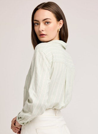 Dominique Long Sleeve Striped Button Down Top - Cactus Green