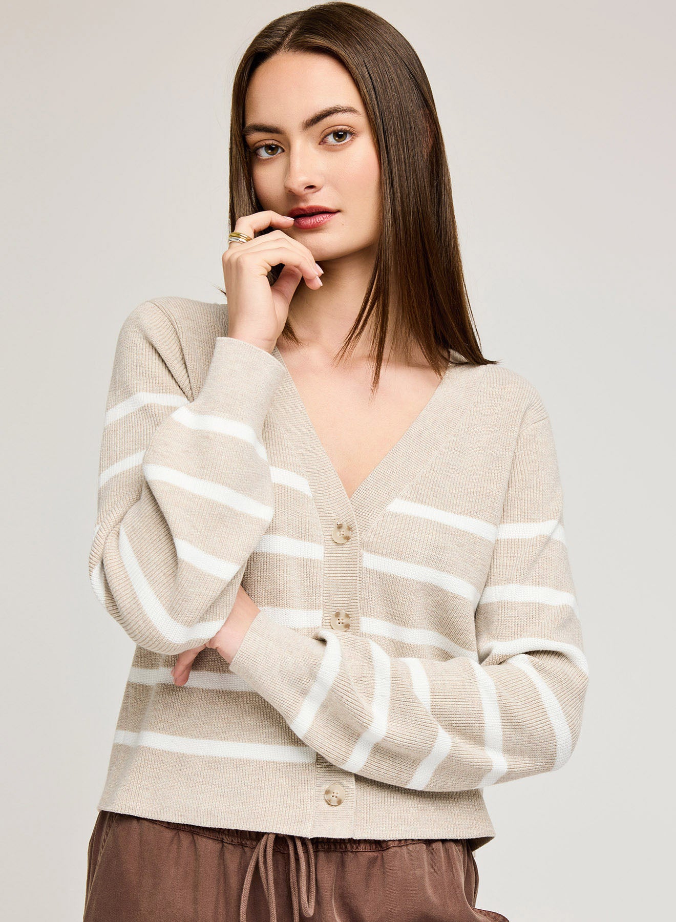 Eden V-Neck Cardigan Sweater - Heather Oat Stripe