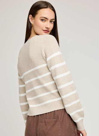 Eden V-Neck Cardigan Sweater - Heather Oat Stripe