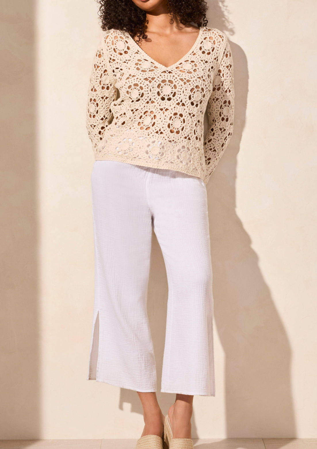 Bell Sleeve Crocheted V-Neck Sweater - Cocomilk