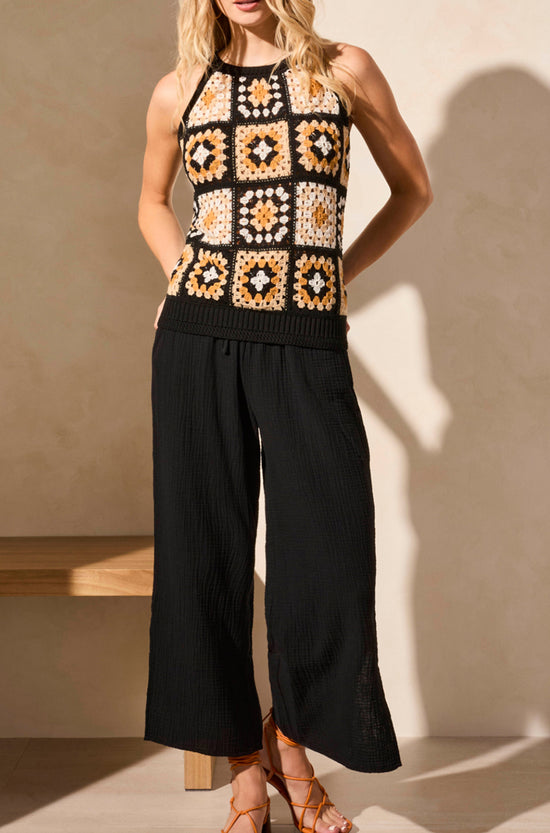 Crocheted Halter Tank Top - Black Multi