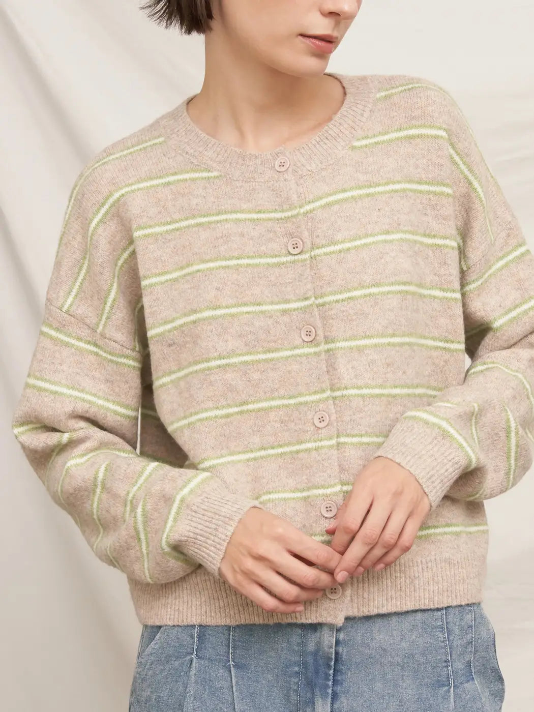 Striped Cardigan Sweater - Beige/Green