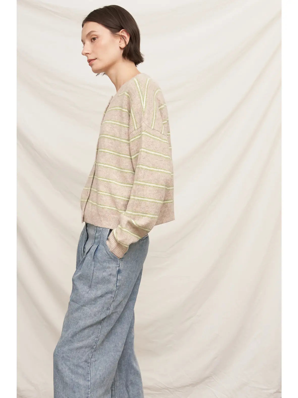 Striped Cardigan Sweater - Beige/Green