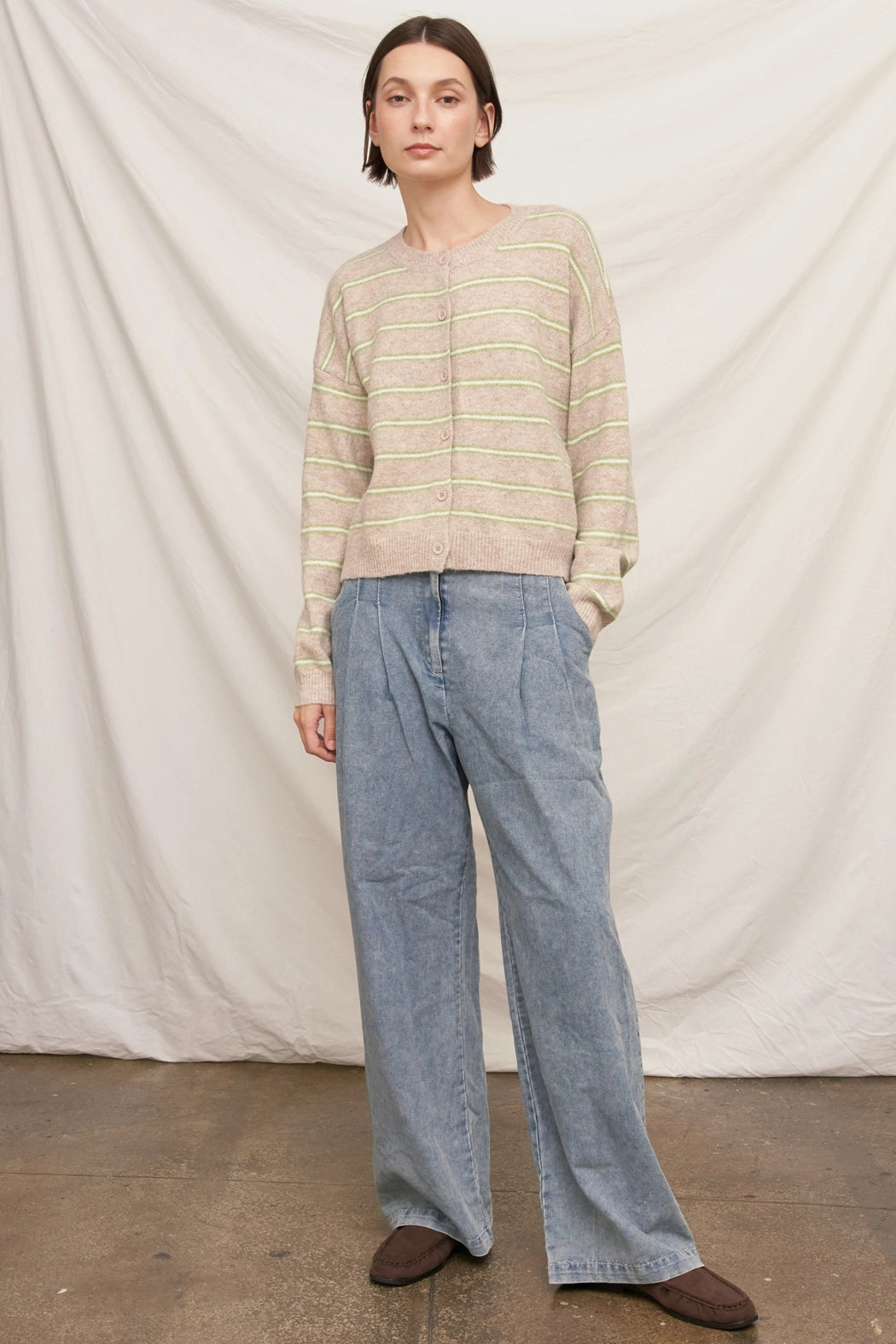 Striped Cardigan Sweater - Beige/Green