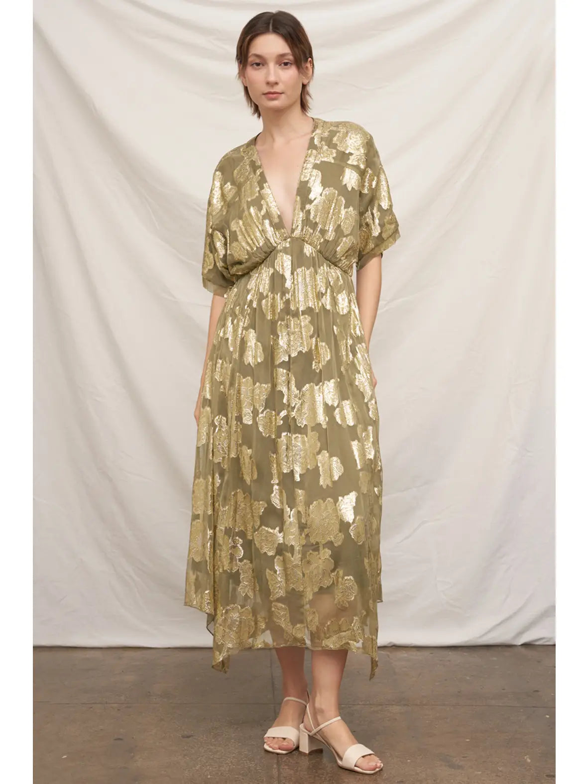 Kimono Sleeve Maxi Dress - Olive/Gold