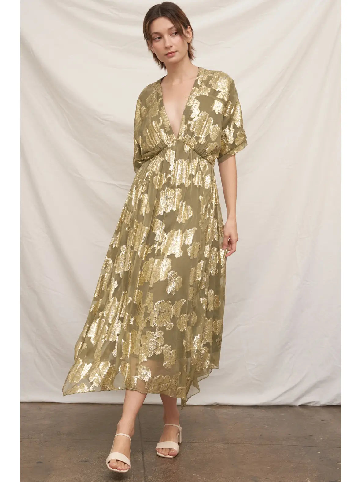 Kimono Sleeve Maxi Dress - Olive/Gold