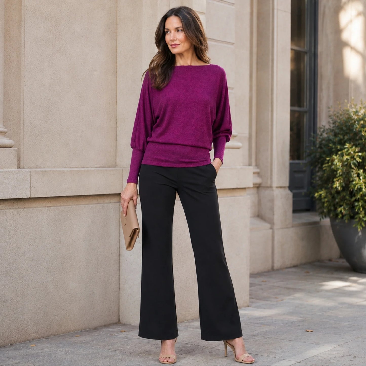 Boat Neck Blouson Sweater - Magenta