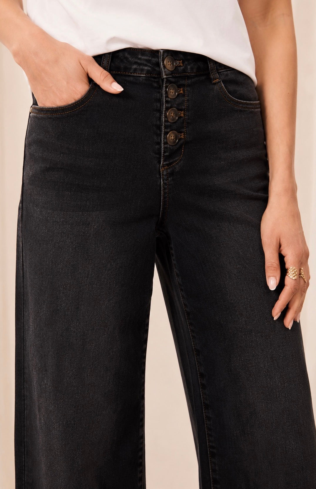 Audrey Button Fly Cropped Denim - Black