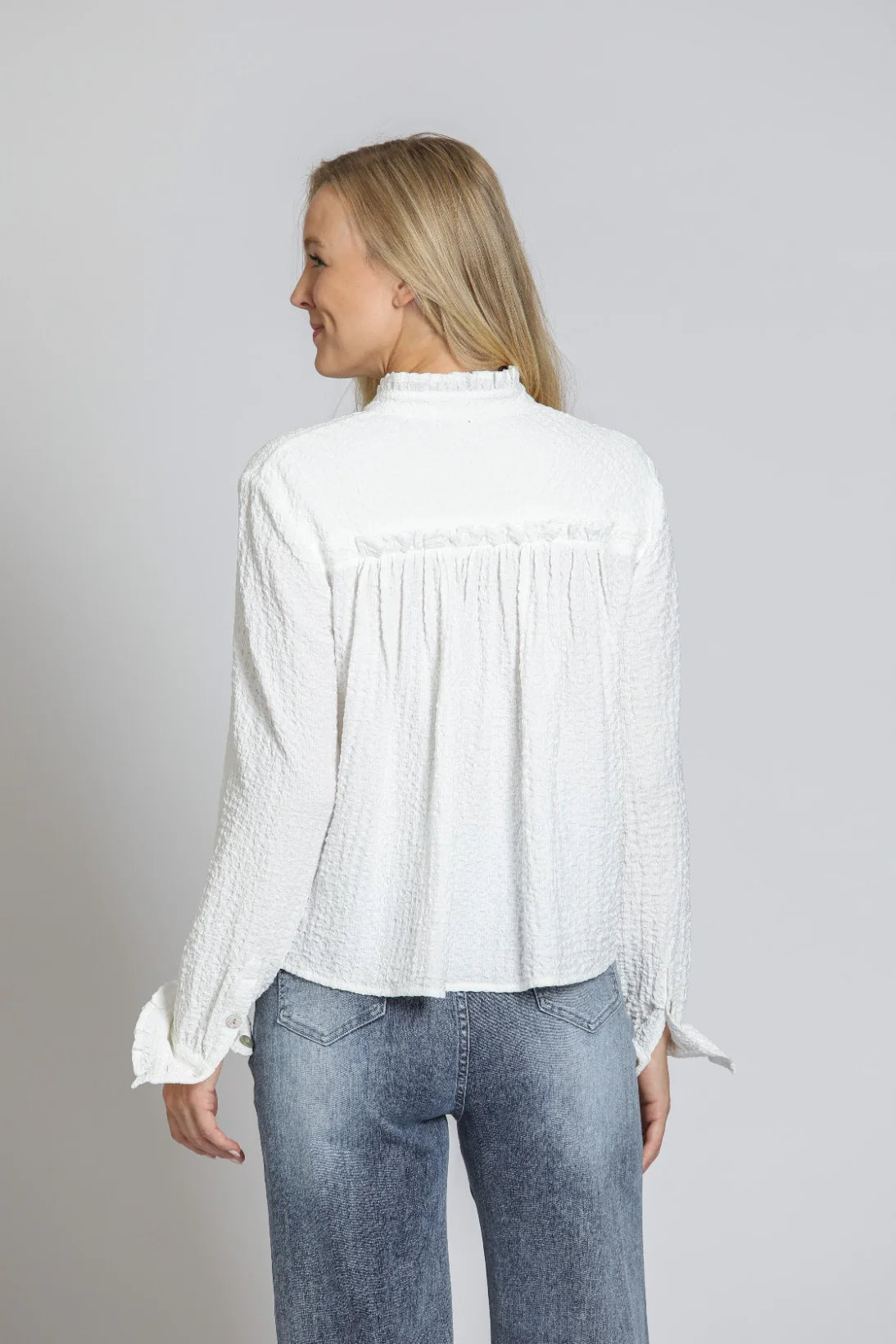 Cropped Check Top with Ruffles - White