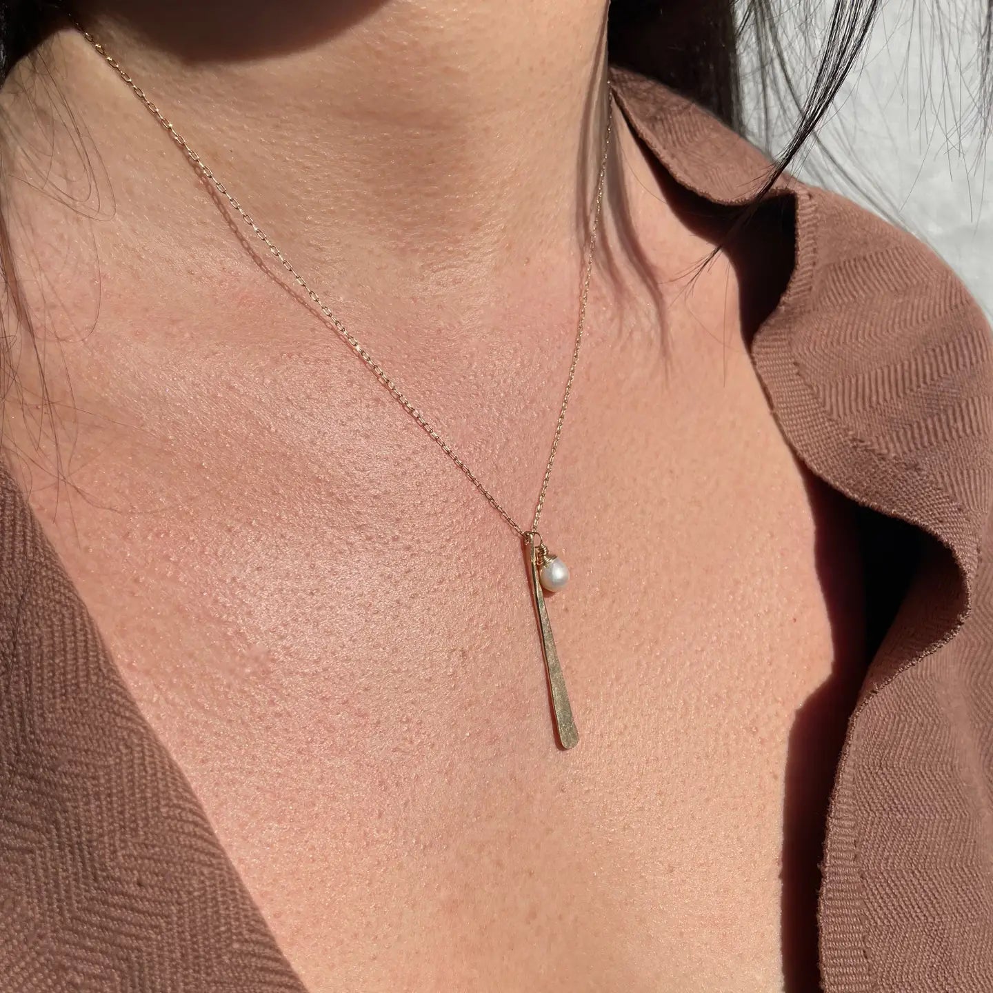 Hammered Stick & Stone Necklace with Pearl