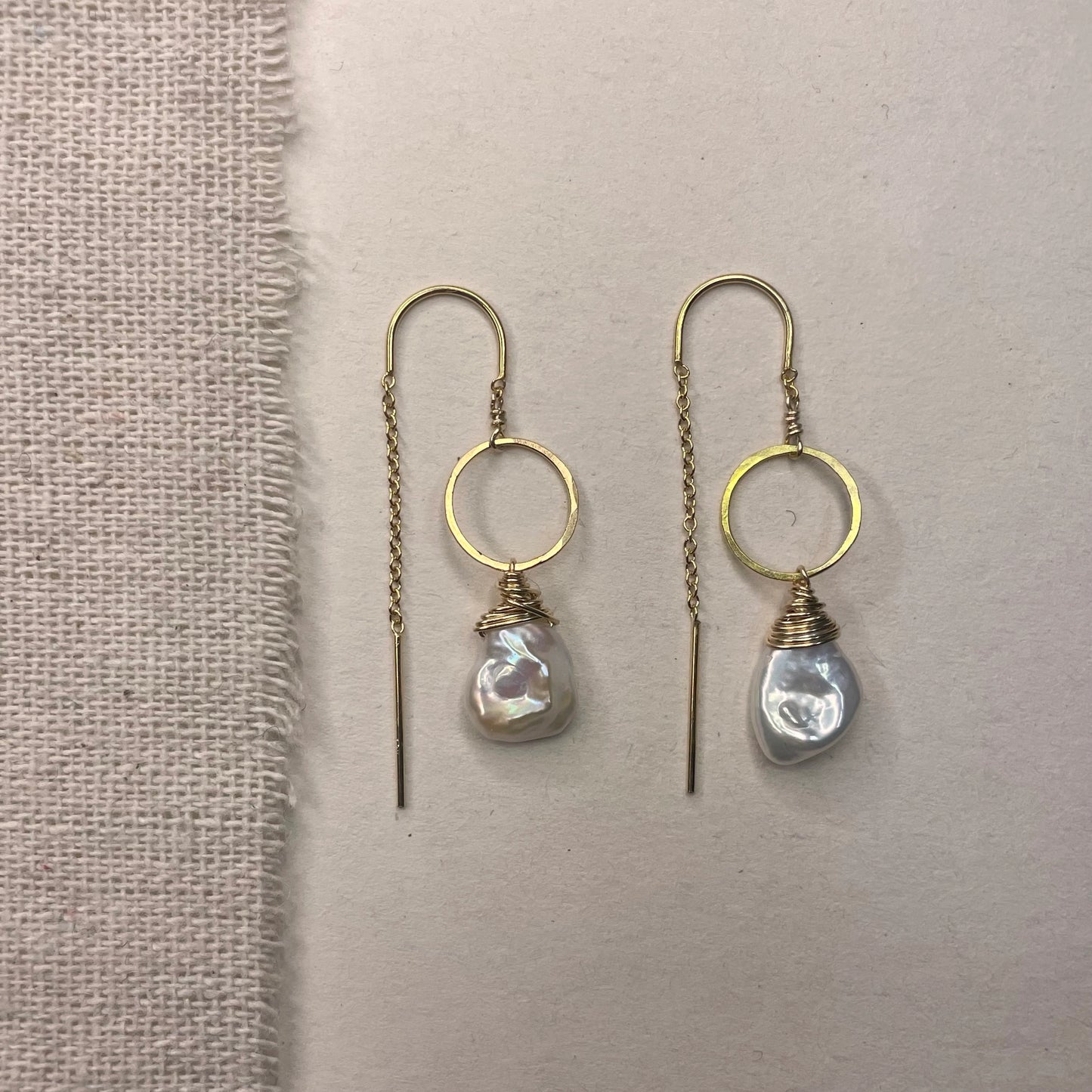 Pearl Threader Earrings with Gold Circles