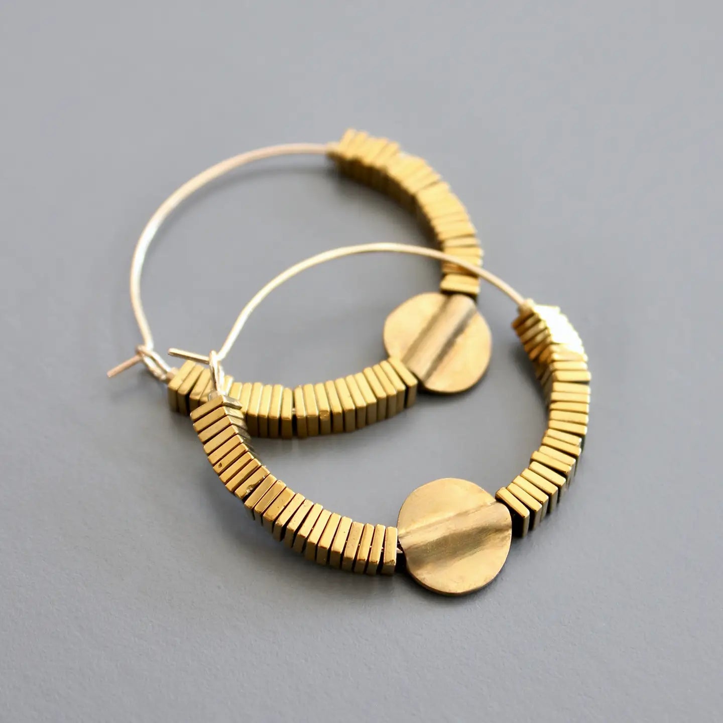 Gold Hematite Hoop Earrings with Disk